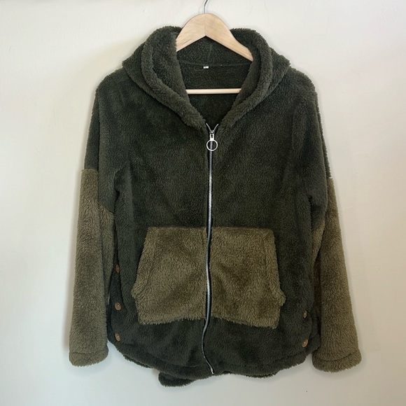 OLIVE GREEN TEDDY BEAR ZIP UP HOODED JACKET WITH POCKETS - Picture 1 of 11